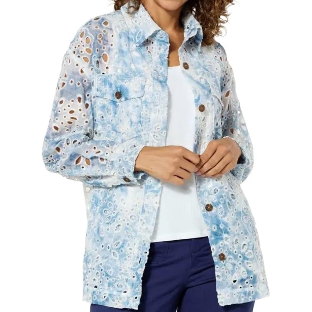 NWT Kathy Ireland Blue Eyelet Collared Button Front Chic Jacket